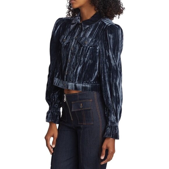 Cinq à Sept Dillon Cropped Crushed Velvet Jacket – Slate Gray Blue XS NEW - Picture 8 of 16